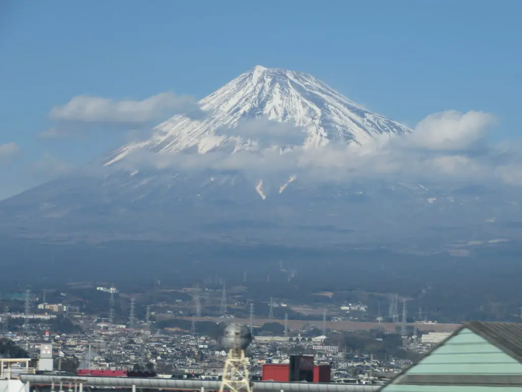 View of Mount Fuji from inside the bullet train in Japan.