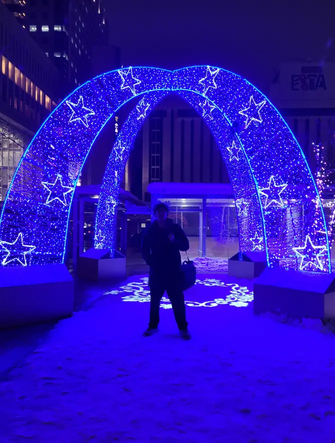 Admiring the dazzling Christmas lights at Sapporo Station