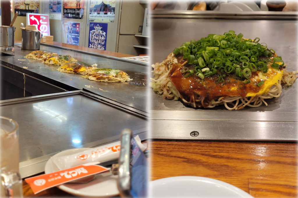 Delicious Hiroshima-style Okonomiyaki at Okonomimura in Hiroshima.