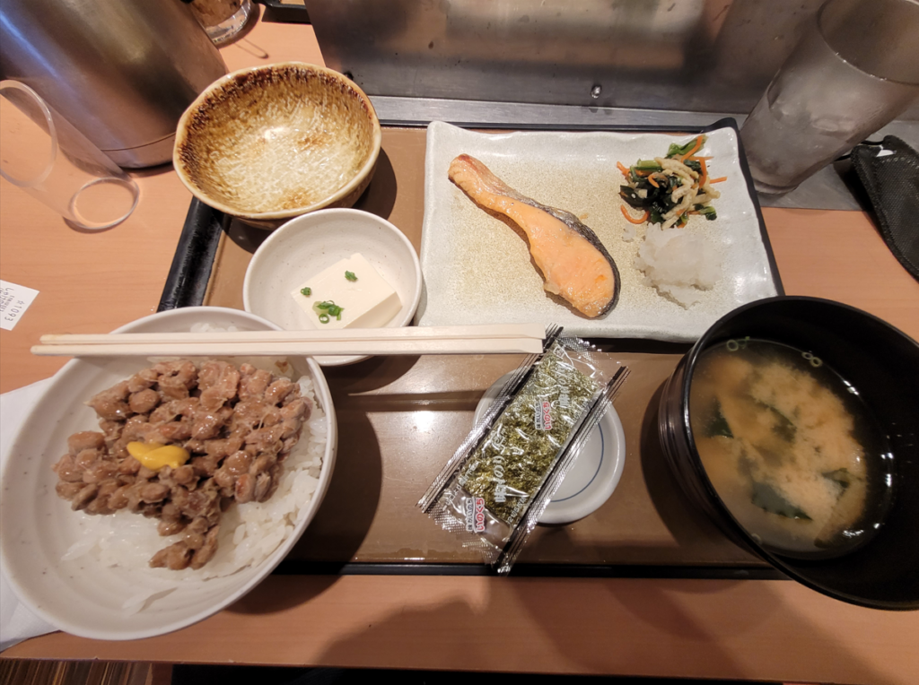 Washoku meal including natto beans in a Teishoku restaurant in Osaka, Japan.