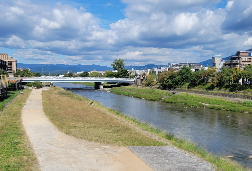 The Kamo River or "Kamogawa" in Kyoto, Japan.