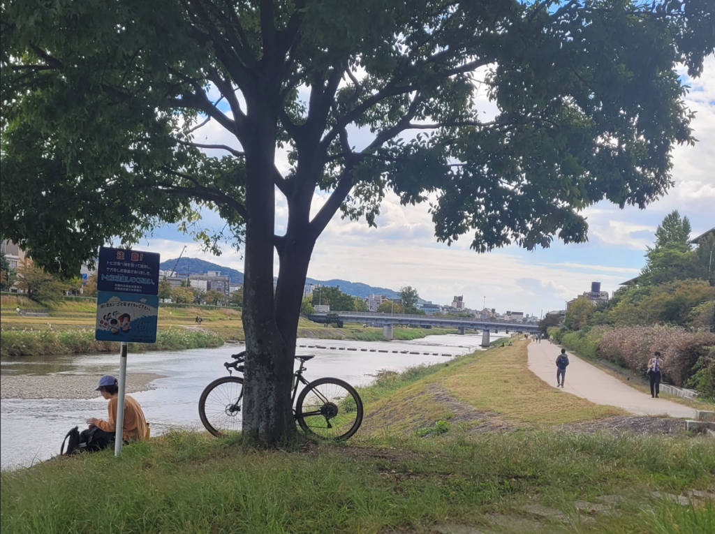 Quiet tranquil spots along the Kamo River in Kyoto.